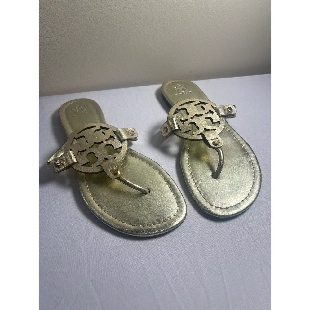 Tory Burch Miller Women Leather Thong Sandals Metallic Gold Logo Cutout Size 9.5